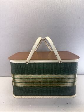 Vintage Redmon Woven Picnic Basket Metal Handle Hinged Lid USA Green MCM